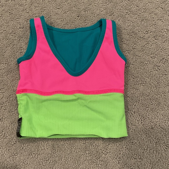 Teal, Hot Pink & Neon Green Colorblock Ribbed Crop Top - Picture 3 of 6
